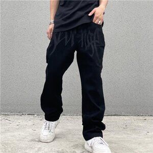 2024 New American Style Embroidered Letters Black Loose Jeans for Men Retro